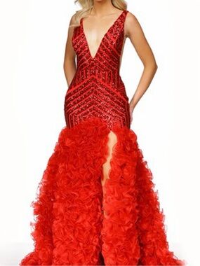 Jovani 38137 beaded V-neck ruffle mermaid prom dress